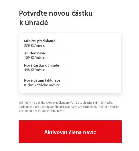 Rozhraní Netflix pro potvrzení platby za přidání dalšího uživatele