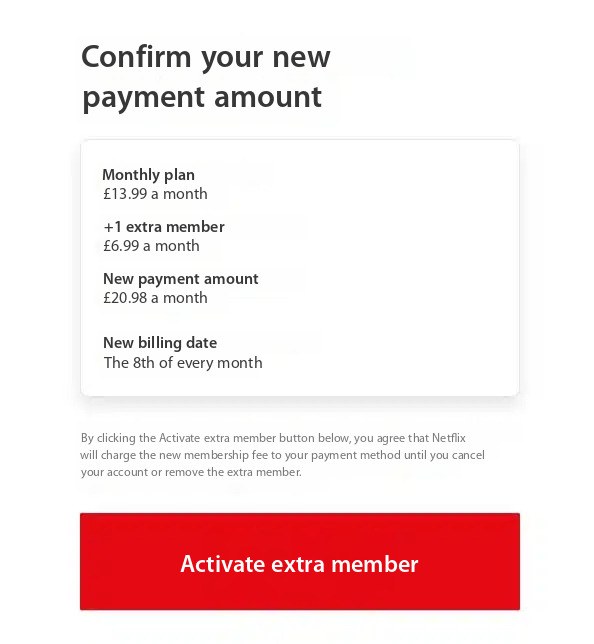 Netflixin maksuvahvistusnäkymä lisäjäsenen lisäämiseksi