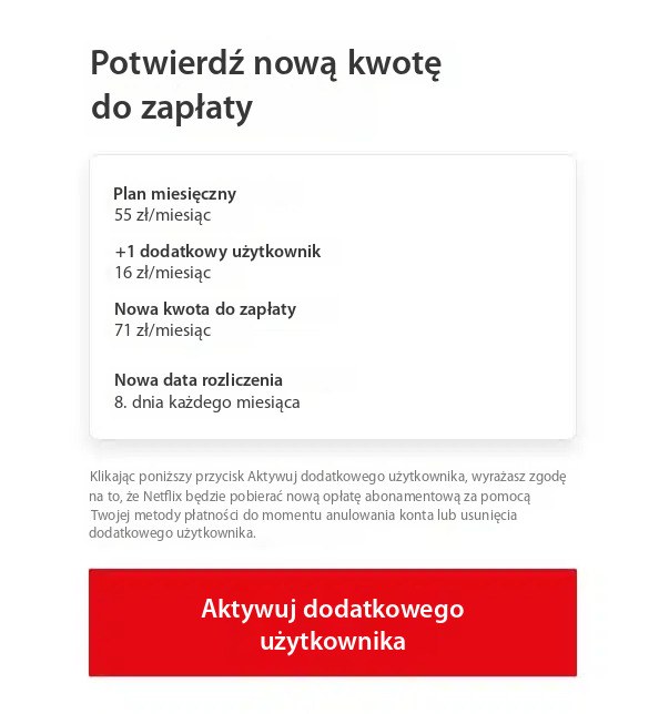 Ekran Netflix z potwierdzeniem płatności za dodanie dodatkowego użytkownika