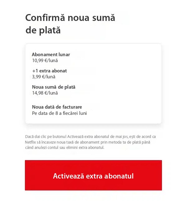 Interfața Netflix de confirmare a plății pentru adăugarea unui membru suplimentar