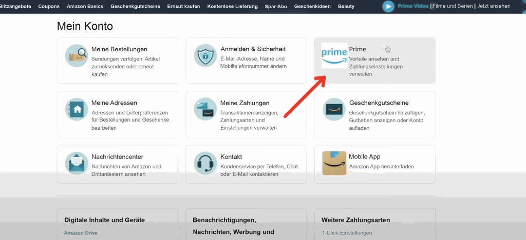Amazon-Seite „Ihr Konto“ mit einem roten Pfeil auf die Kachel „Prime“ zwischen den anderen Rubriken