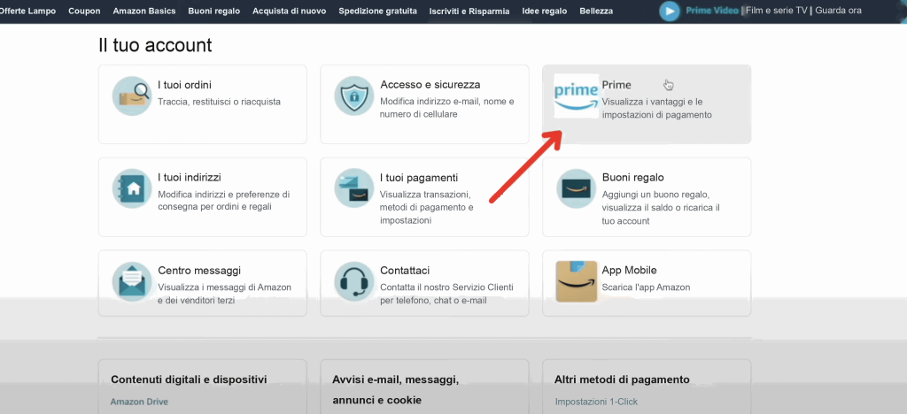 Pagina Il tuo account Amazon con una freccia rossa verso il riquadro Prime tra le altre sezioni