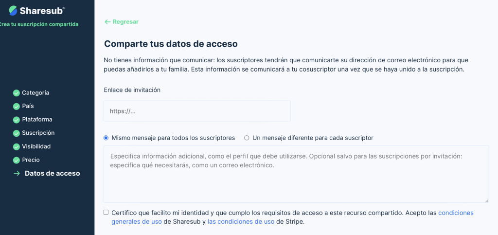 Captura de pantalla de Sharesub con el formulario Comparte tus credenciales