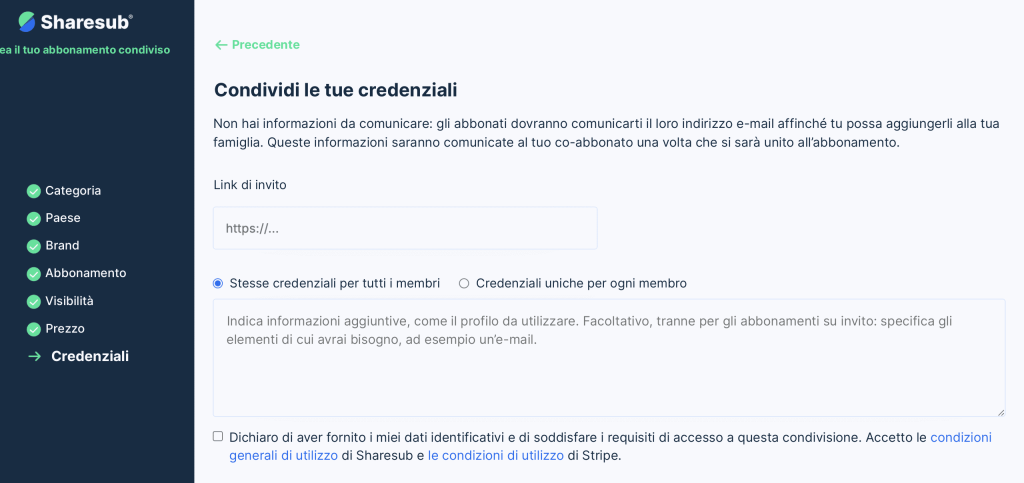 Screenshot di Sharesub con il modulo Condividi le tue credenziali