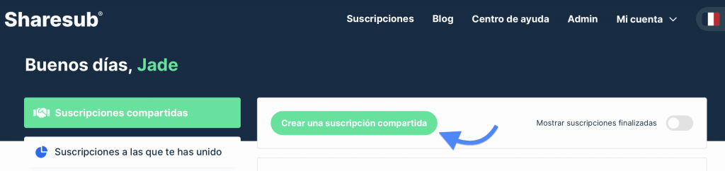 Captura de pantalla de Sharesub con el botón Crear una suscripción compartida señalado con una flecha azul
