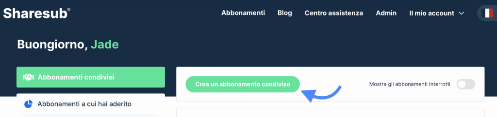Screenshot di Sharesub con il pulsante Crea un abbonamento condiviso indicato da una freccia blu