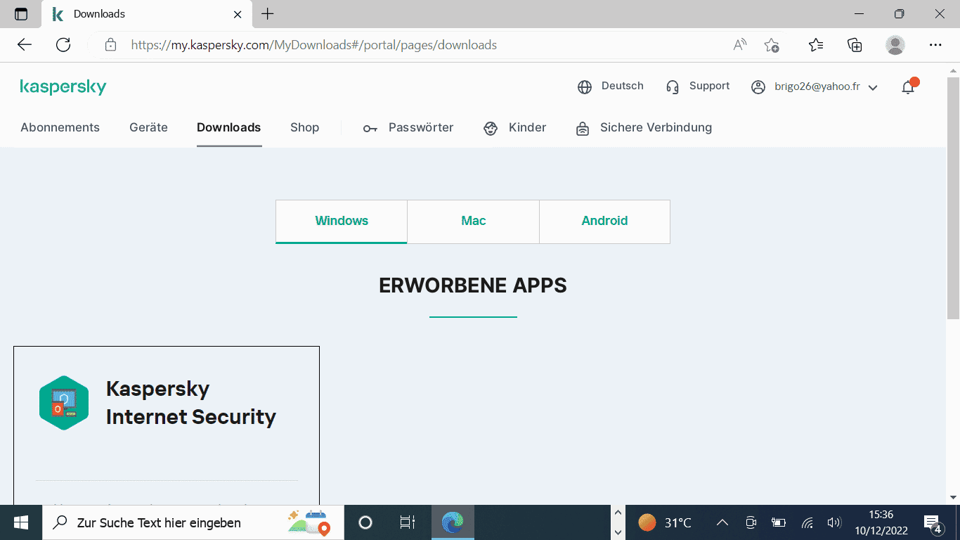 Kaspersky Internet Security im Portal mit Anzeige der Käufe