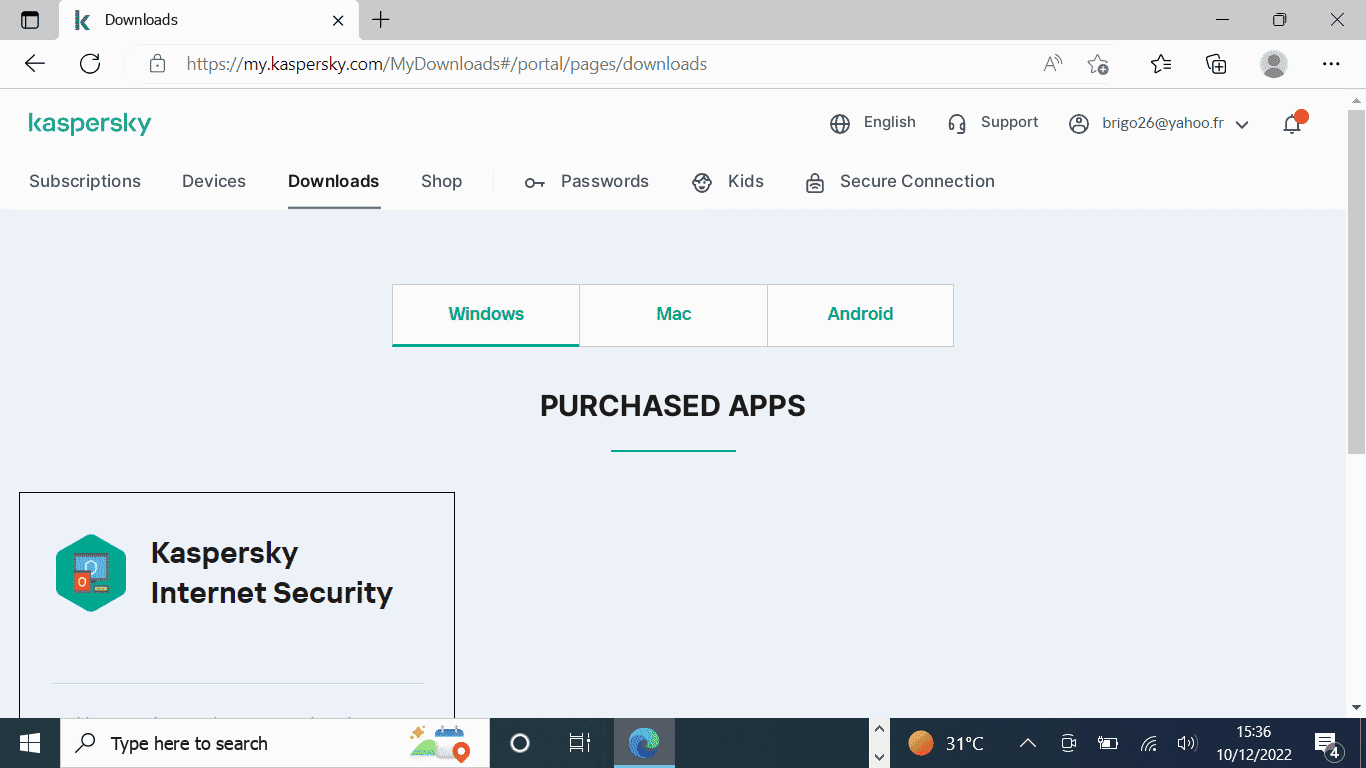 Kaspersky Internet Security στην πύλη με εμφάνιση των αγορών