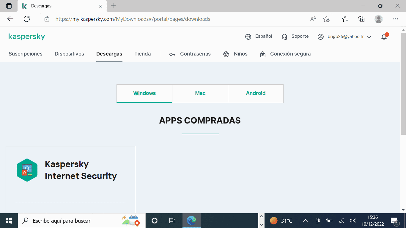 Kaspersky Internet Security en el portal con la visualización de las compras