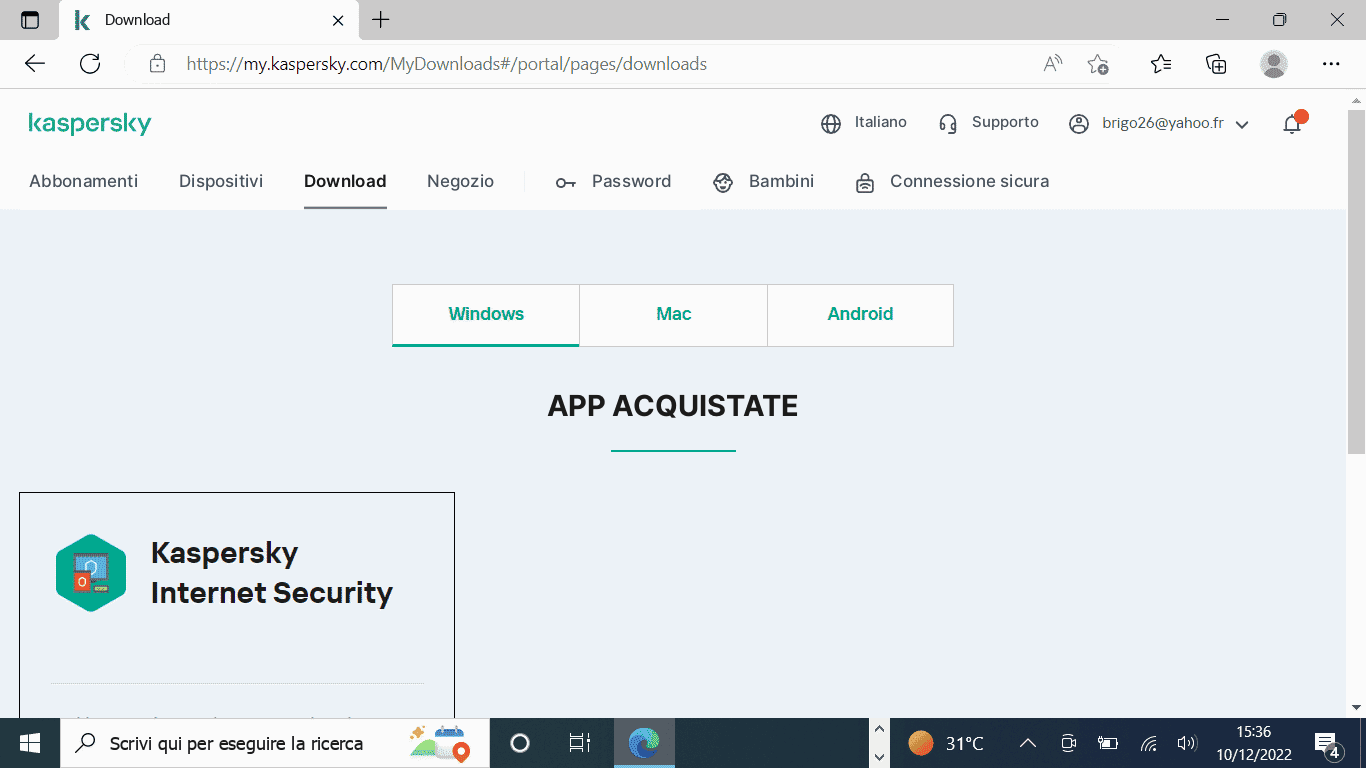 Kaspersky Internet Security nel portale con la visualizzazione degli acquisti