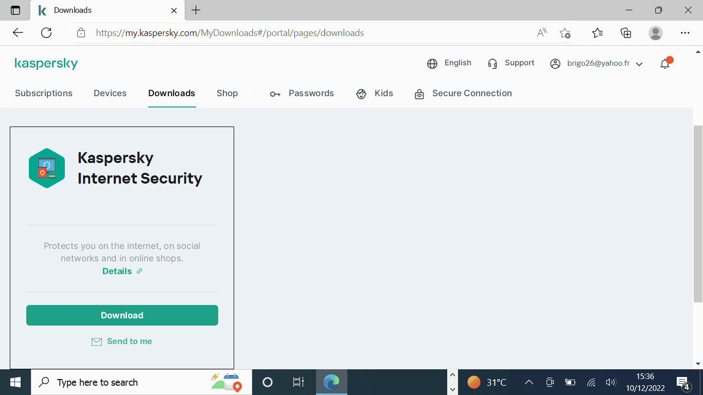 Σελίδα περιγραφής της προστασίας Kaspersky με ενεργό κουμπί Λήψη