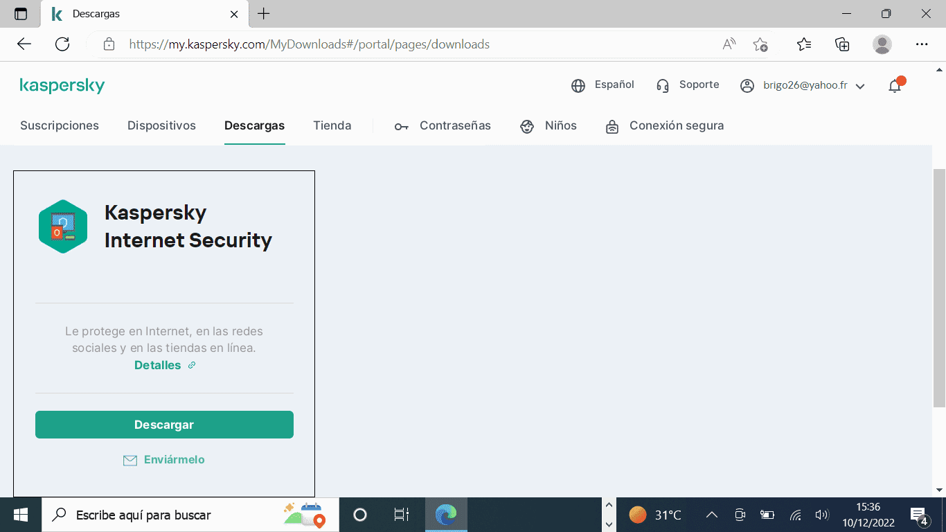 Página de descripción de la protección de Kaspersky con el botón Descargar activo