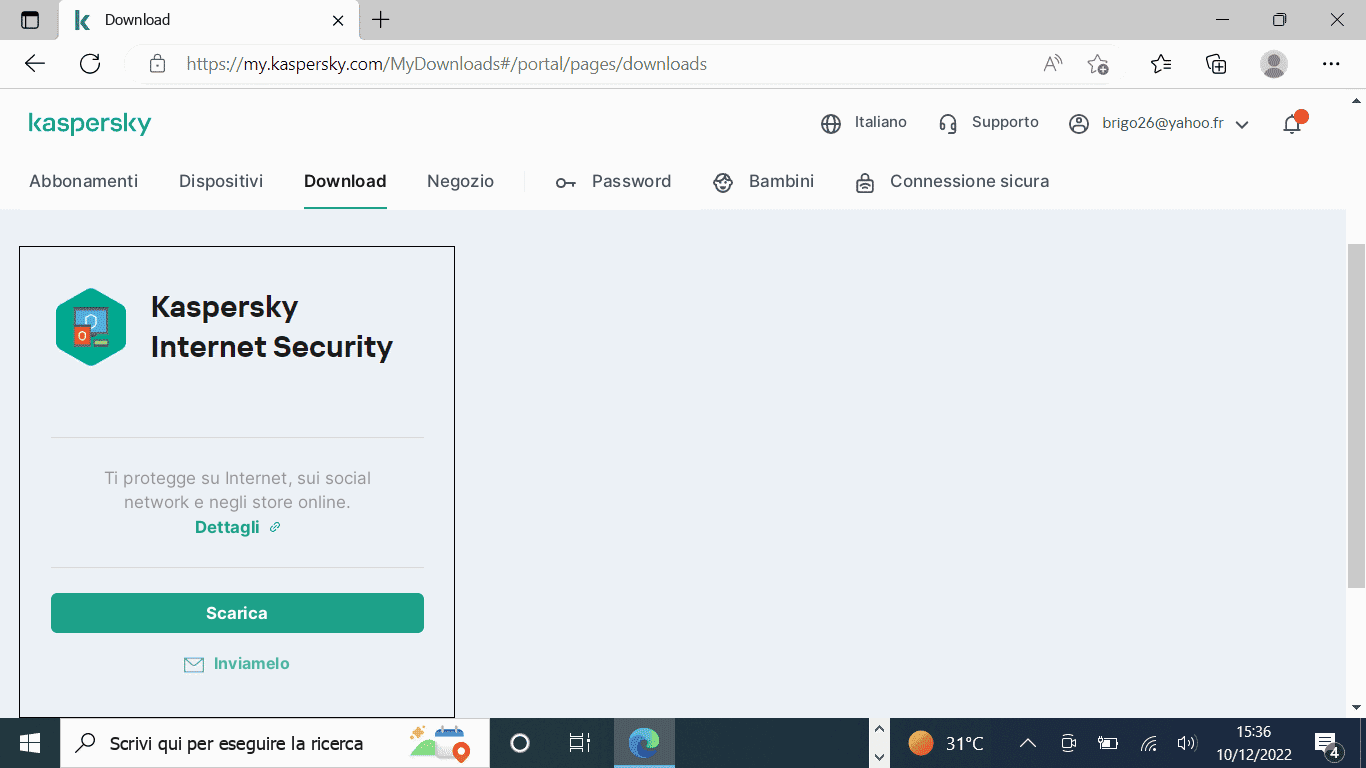 Pagina di descrizione della protezione Kaspersky con il pulsante Scarica attivo