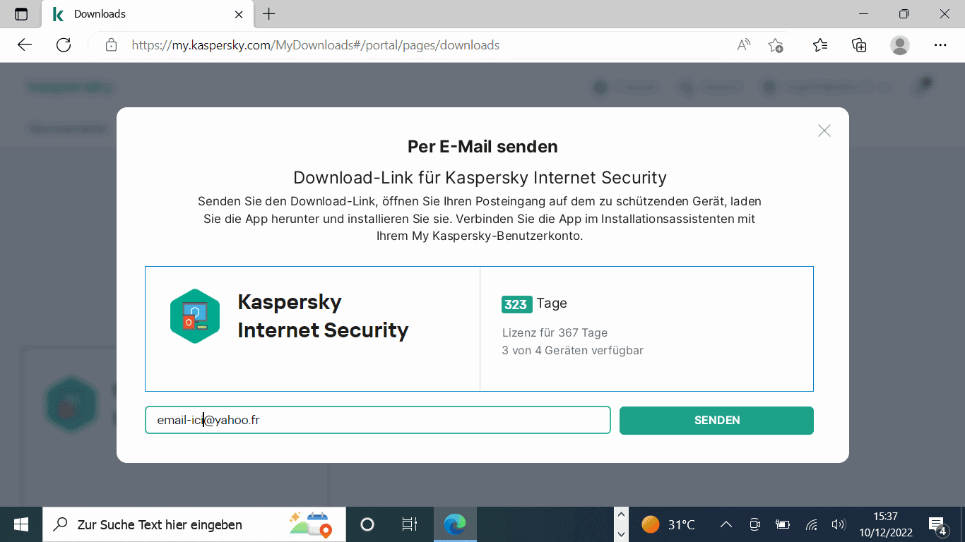 Kaspersky-Fenster „Per E-Mail senden“ zum Teilen des Download-Links