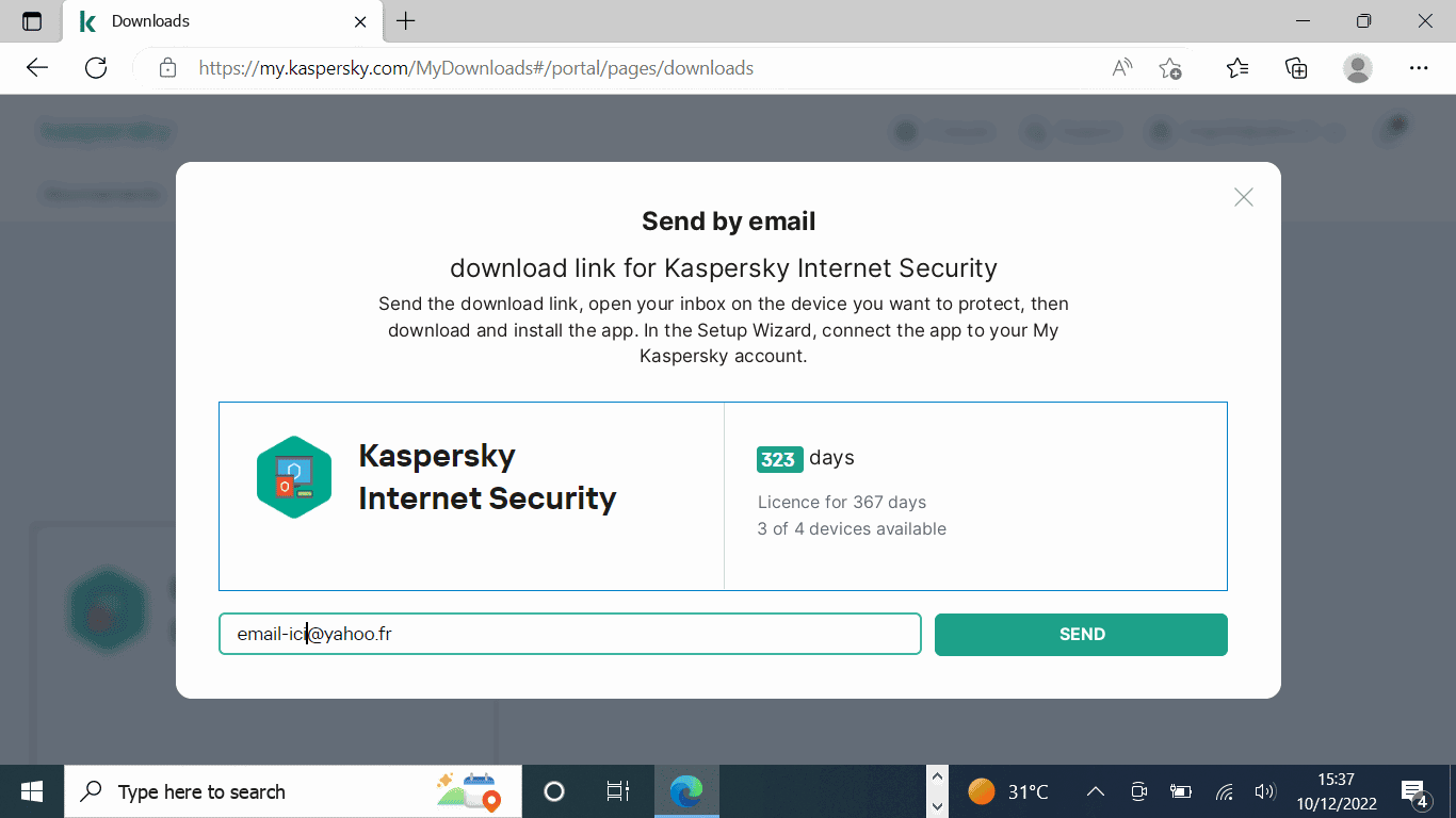 Παράθυρο Kaspersky «Αποστολή με email» για κοινοποίηση του συνδέσμου λήψης