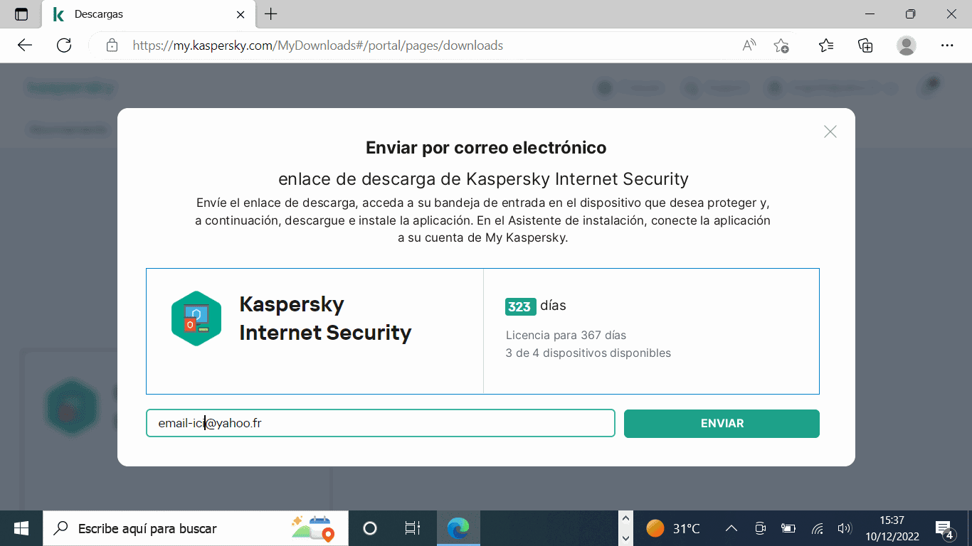 Ventana de Kaspersky Enviar por correo electrónico para compartir el enlace de descarga