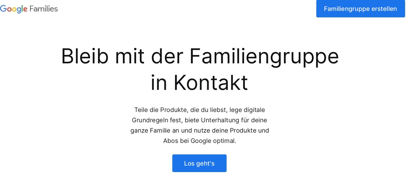 Screenshot der Google-Families-Website mit der Schaltfläche „Familiengruppe erstellen“