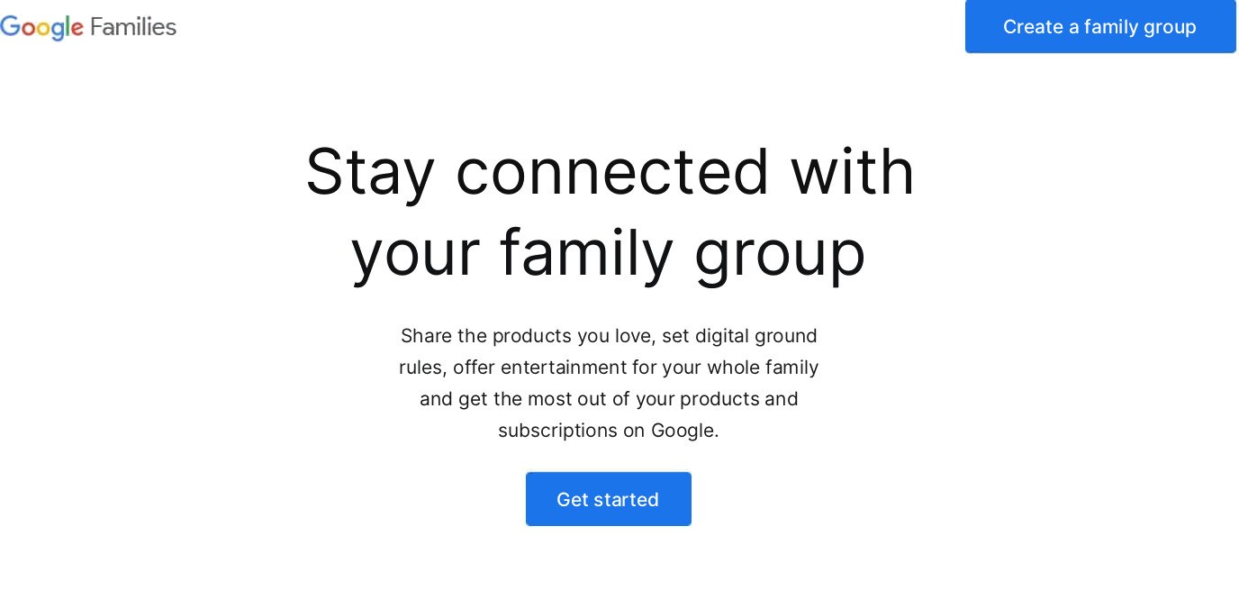 Skærmbillede af webstedet Google Families med knappen Opret en familiegruppe