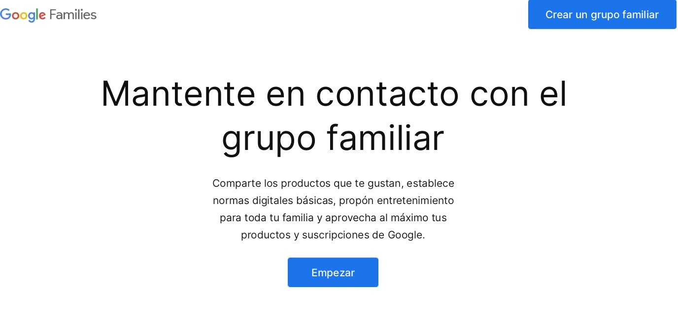 Captura de pantalla del sitio Google Families con el botón Crear un grupo familiar