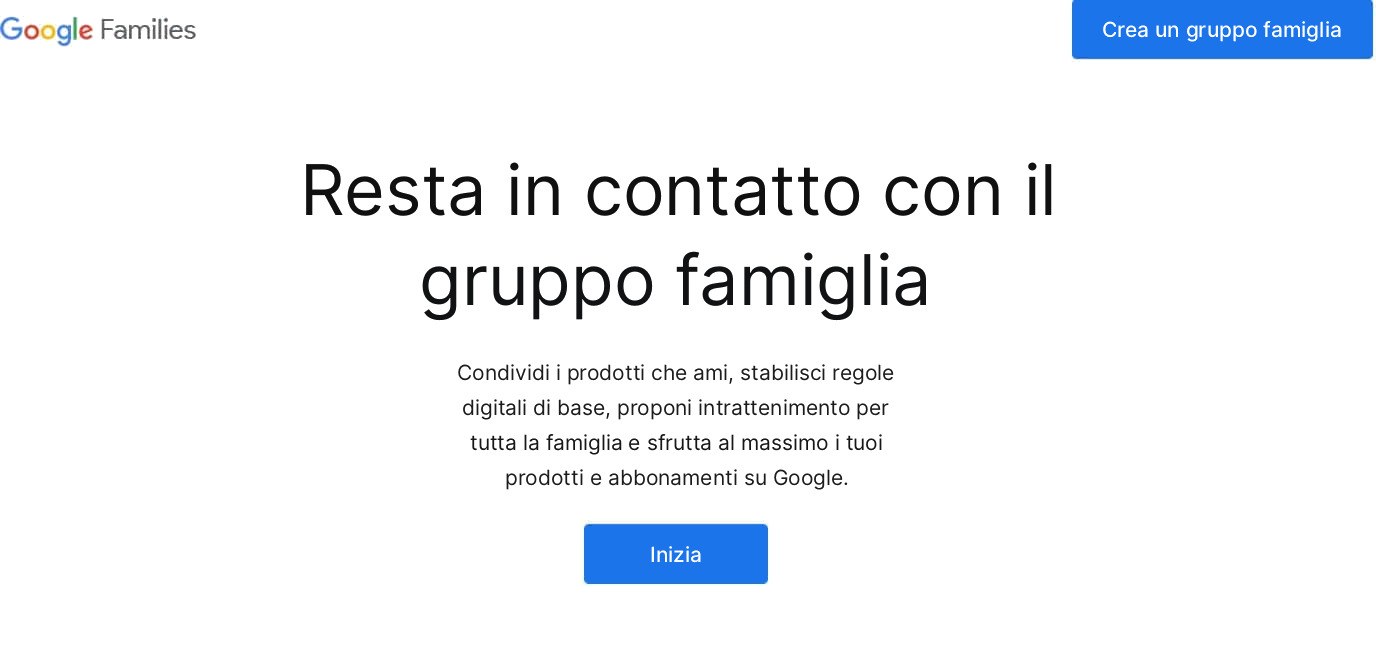 Screenshot del sito Google Families con il pulsante Crea un gruppo famiglia