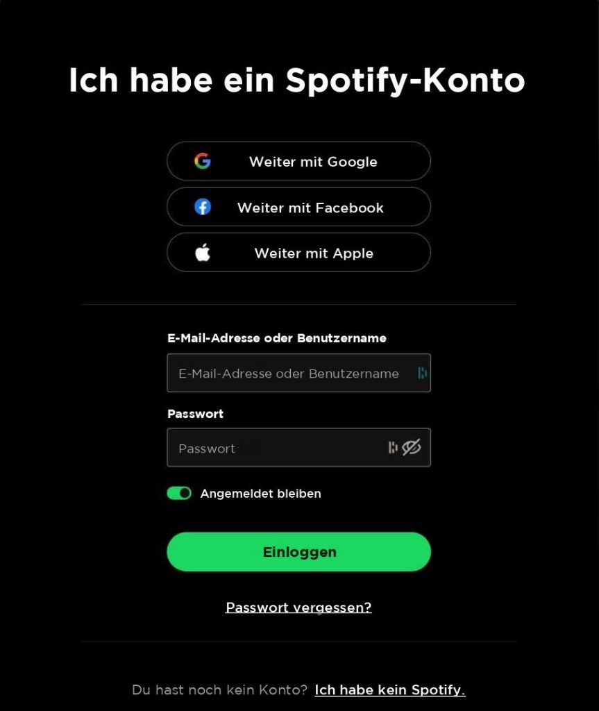 Spotify-Anmeldeseite mit Schaltflächen für Google, Facebook und Apple