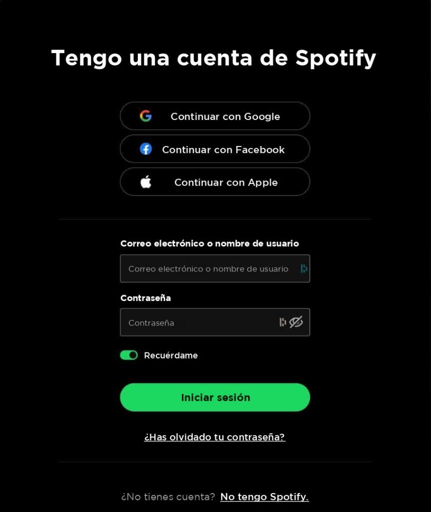 Página de inicio de sesión de Spotify con botones de Google, Facebook y Apple