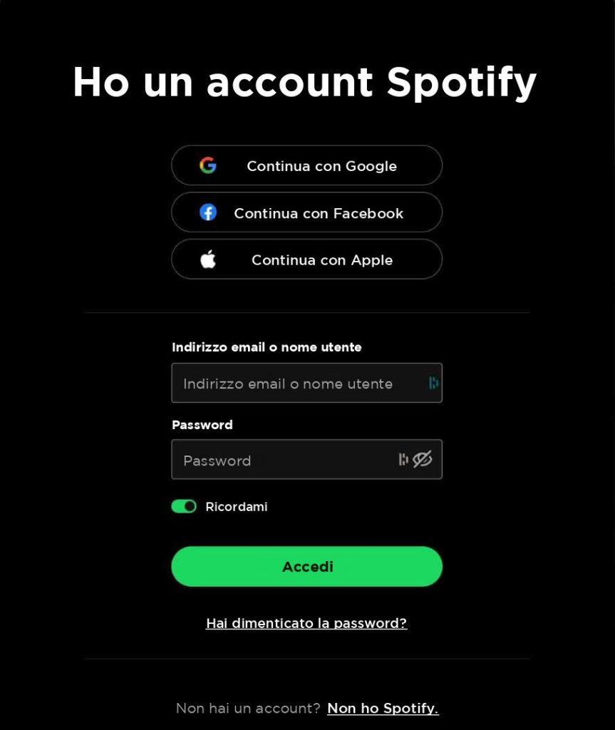 Pagina di accesso di Spotify con pulsanti Google, Facebook e Apple
