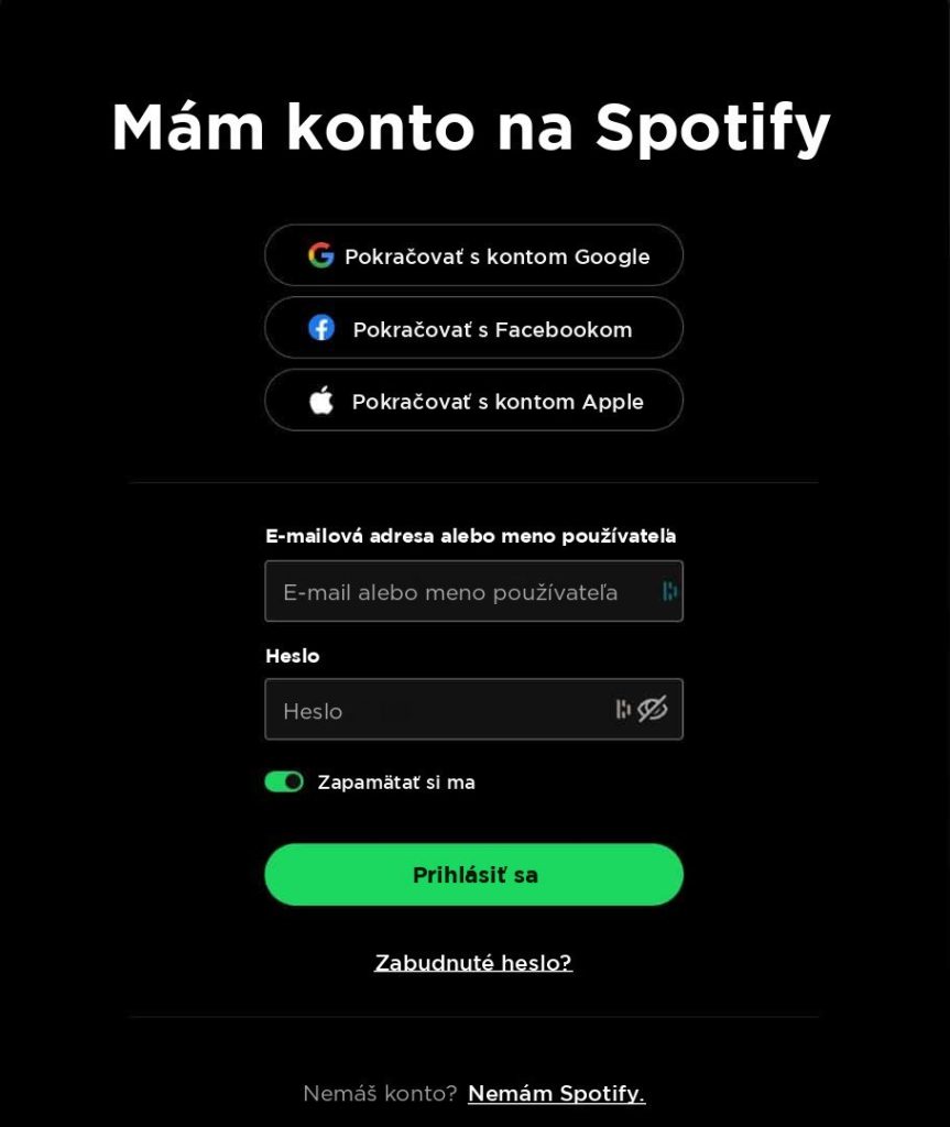 Prihlasovacia stránka Spotify s tlačidlami Google, Facebook a Apple