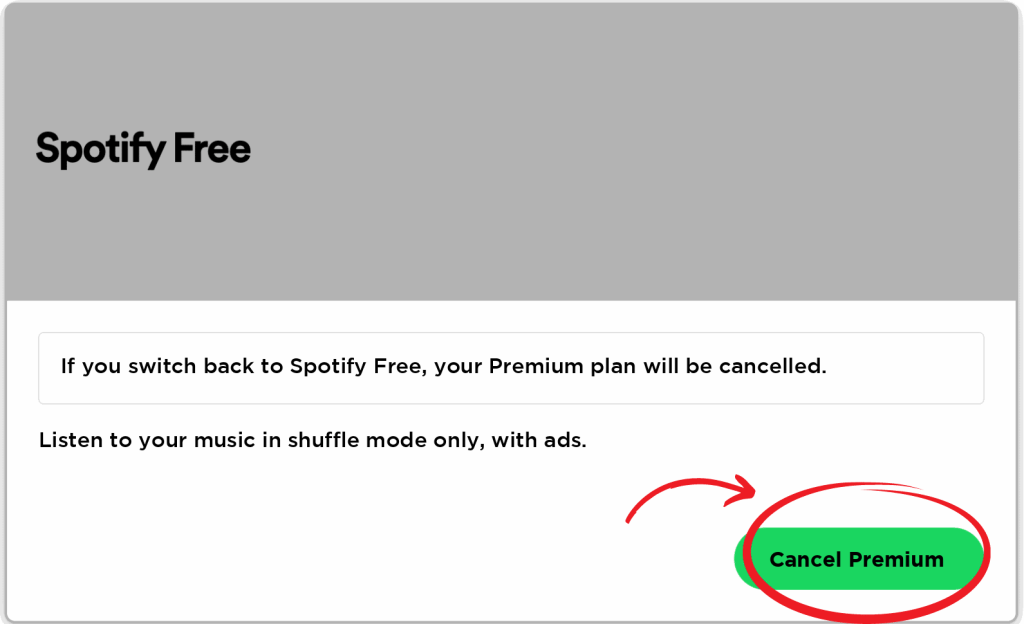 Obrazovka Spotify Free se zvýrazněným zeleným tlačítkem „Zrušit Premium“