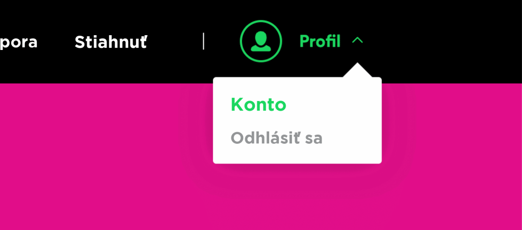Rozbalené menu profilu Spotify s možnosťami „Účet“ a „Odhlásiť sa“