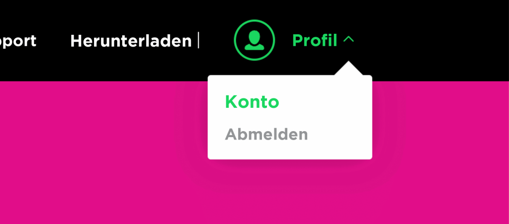 Aufgeklapptes Spotify-Profilmenü mit den Optionen „Konto“ und „Abmelden“