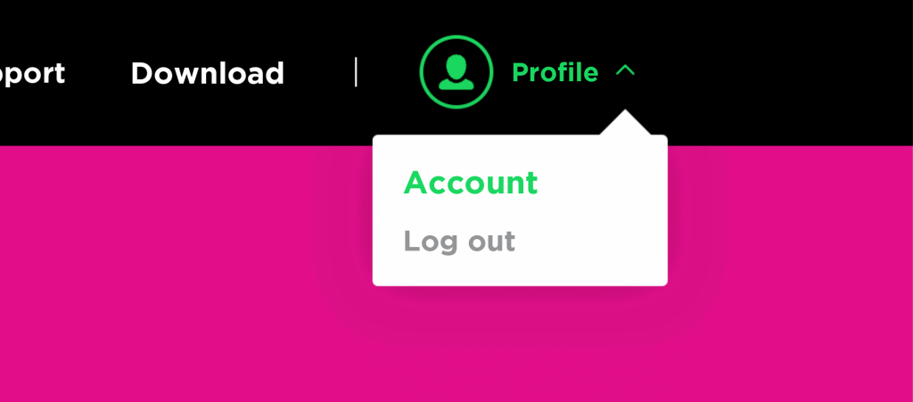 Rozbalené menu profilu Spotify s možnostmi „Účet“ a „Odhlásit se“