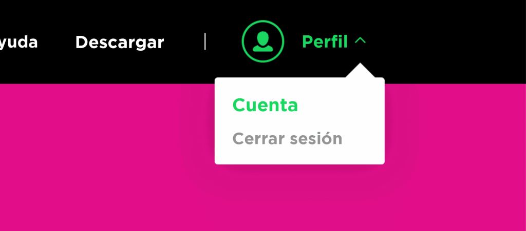 Menú Perfil de Spotify desplegado con las opciones Cuenta y Cerrar sesión