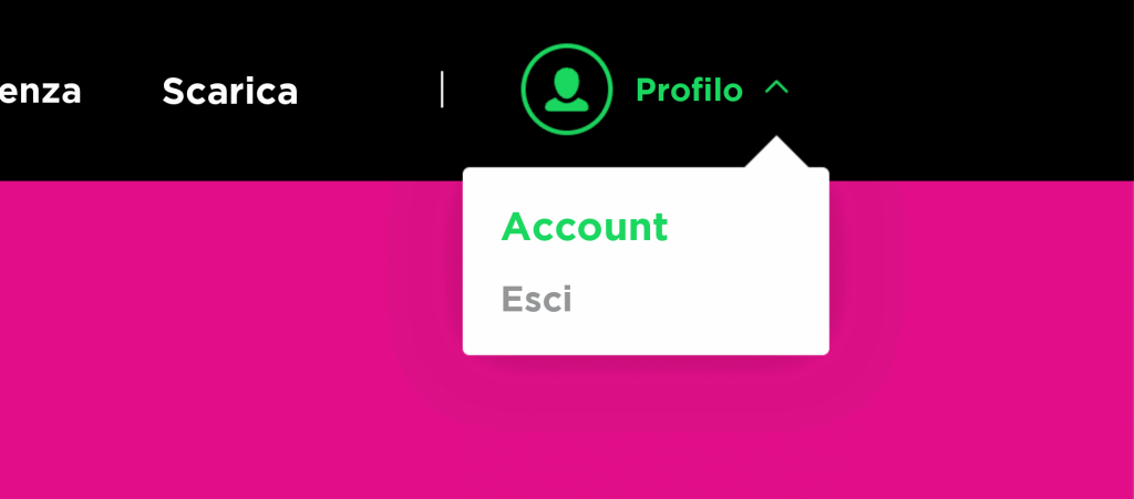 Menu Profilo di Spotify aperto con le opzioni Account ed Esci