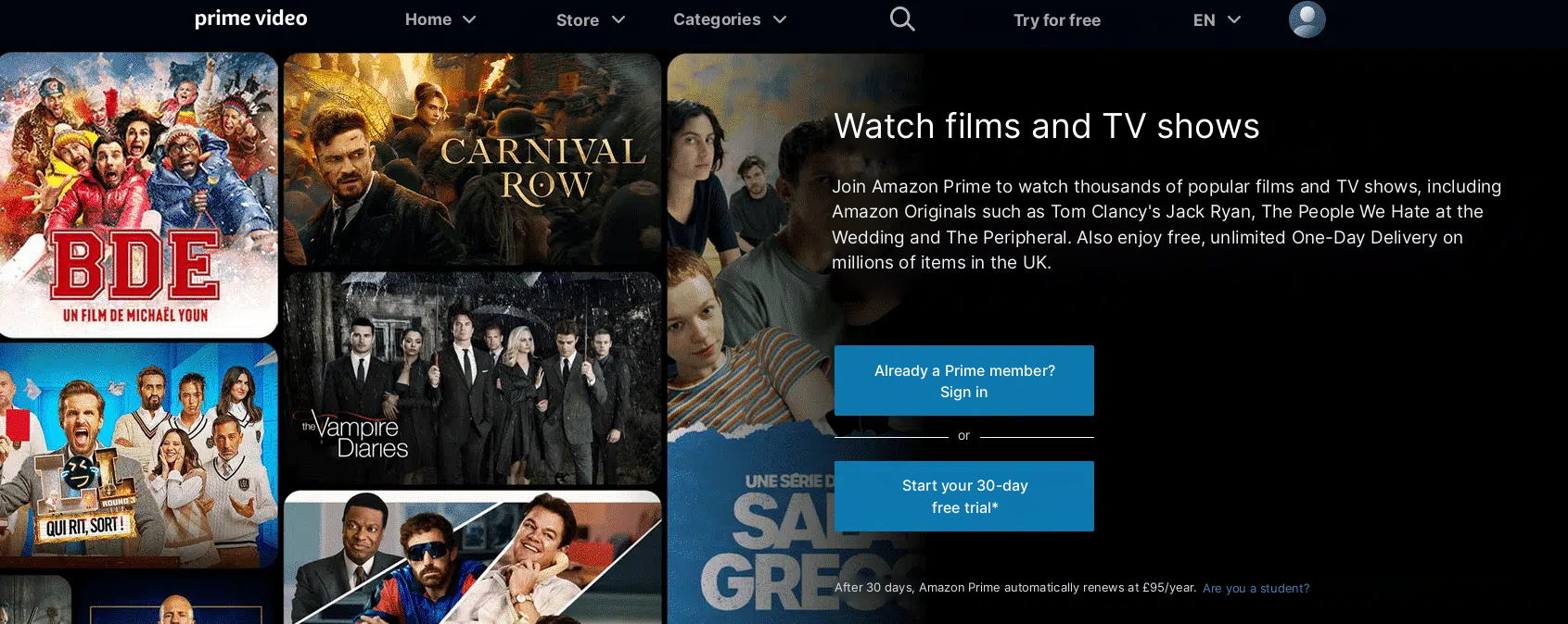 Startsiden for Prime Video med populære filmer og knapper for pålogging og 30 dagers gratis prøveperiode