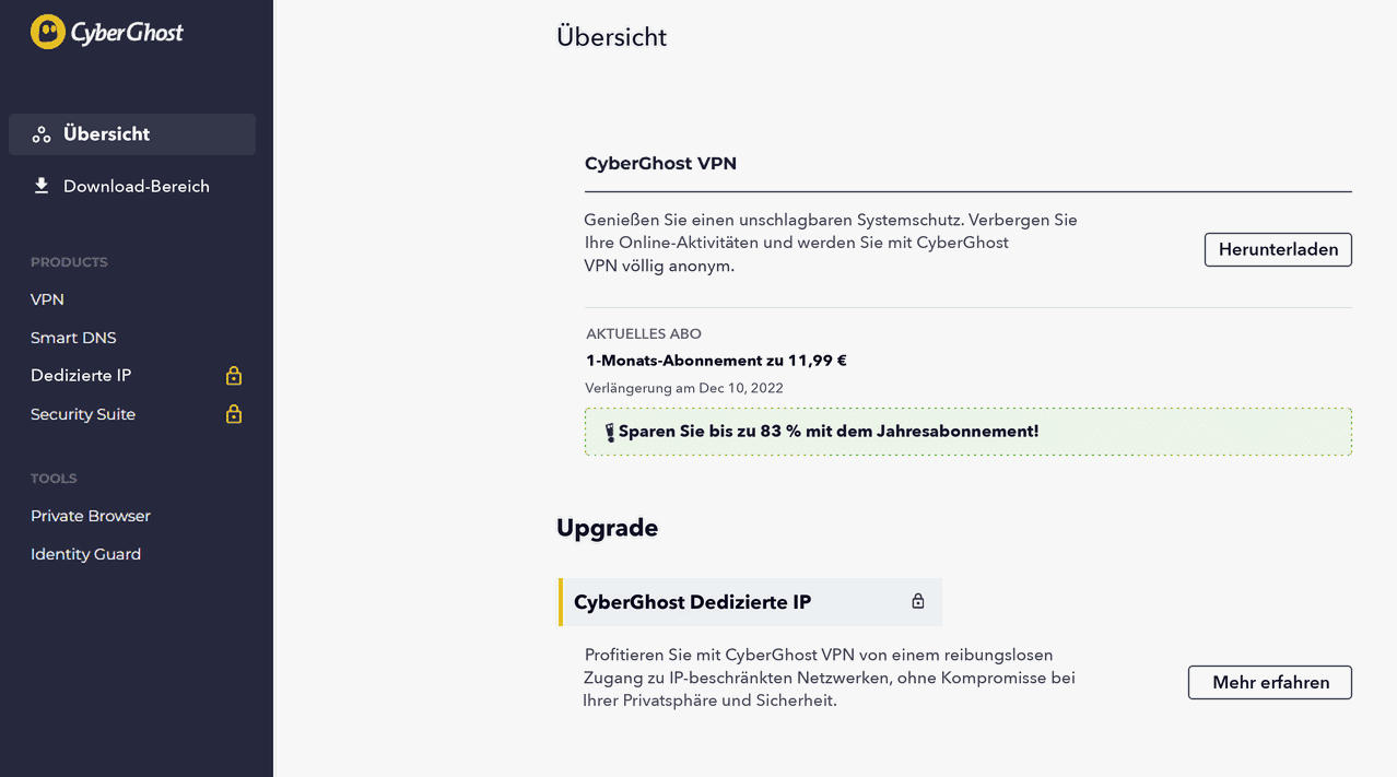 Screenshot des CyberGhost-Kontos mit den Produktoptionen
