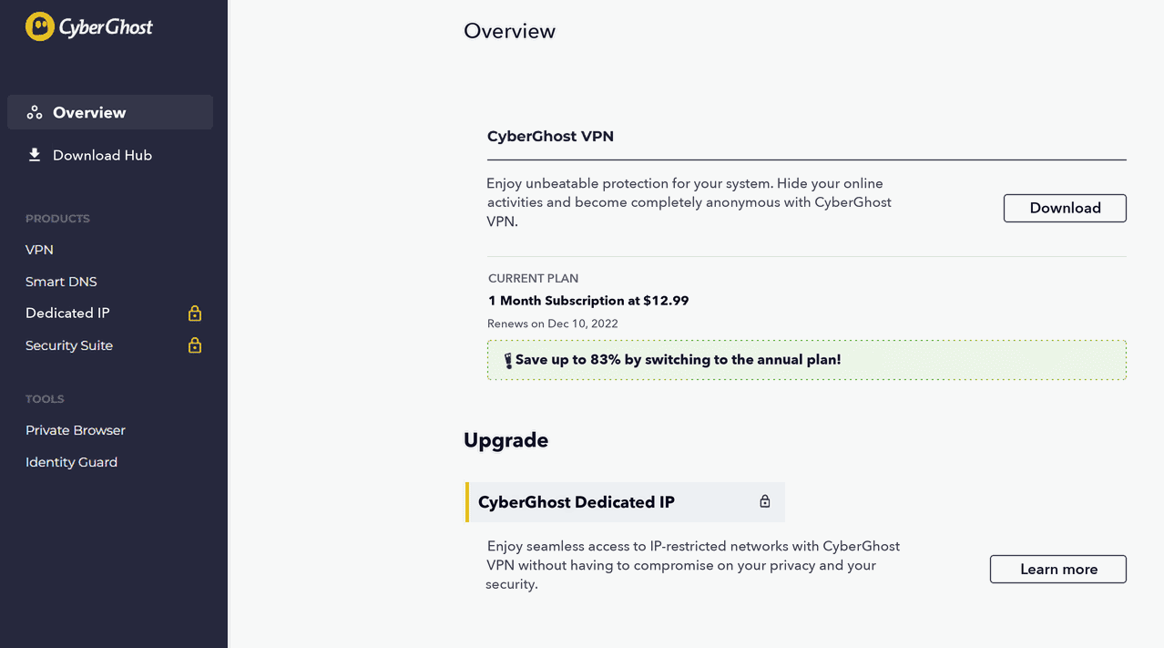 CyberGhost paskyros ekrano nuotrauka su produktų parinktimis