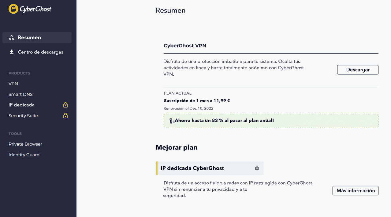 Captura de pantalla de la cuenta de CyberGhost con las opciones de los productos