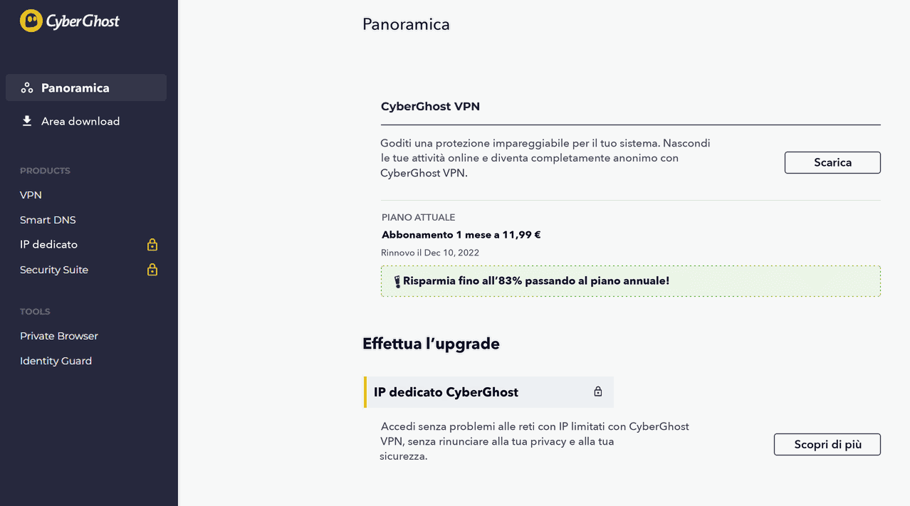 Screenshot dell'account CyberGhost con le opzioni dei prodotti