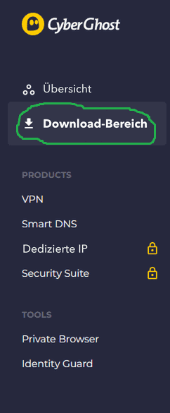 Screenshot des CyberGhost-Seitenmenüs mit grün umrandetem „Download-Bereich“