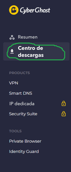 Captura de pantalla del menú lateral de CyberGhost con Espacio de descargas enmarcado en verde
