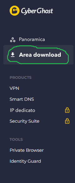 Screenshot del menu laterale di CyberGhost con Area download riquadrata in verde