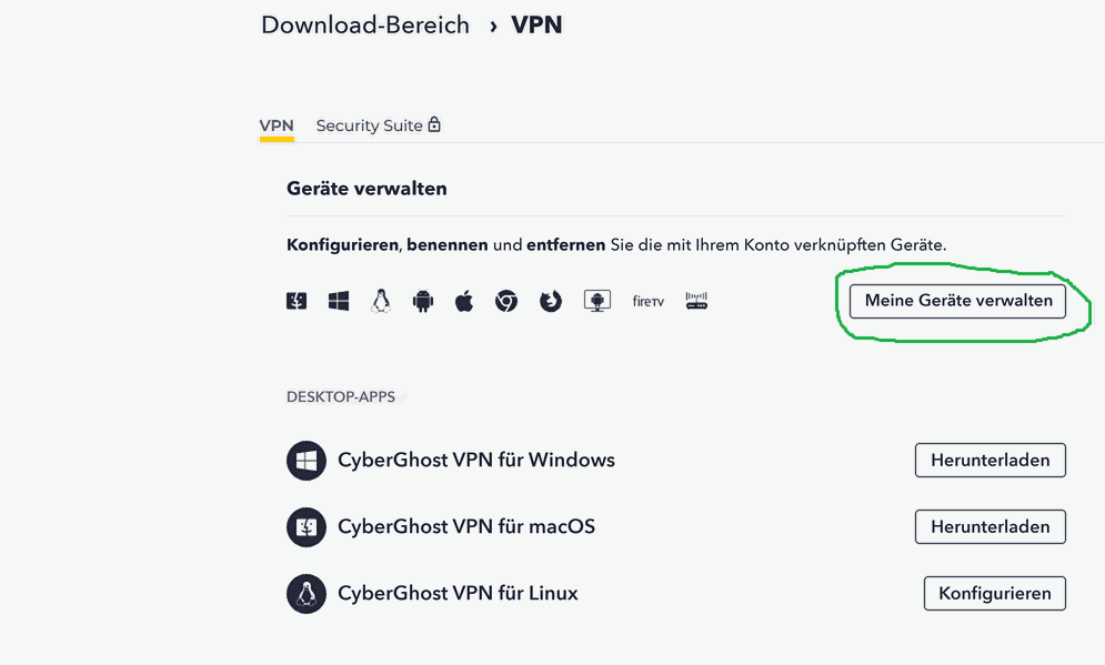 Screenshot des Download-Bereichs von CyberGhost VPN mit grün umrandeter Schaltfläche „Meine Geräte verwalten“