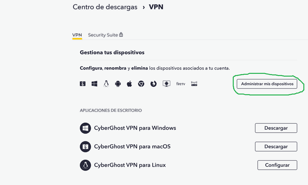 Captura de pantalla del espacio de descargas de CyberGhost VPN con el botón Gestionar mis dispositivos enmarcado en verde
