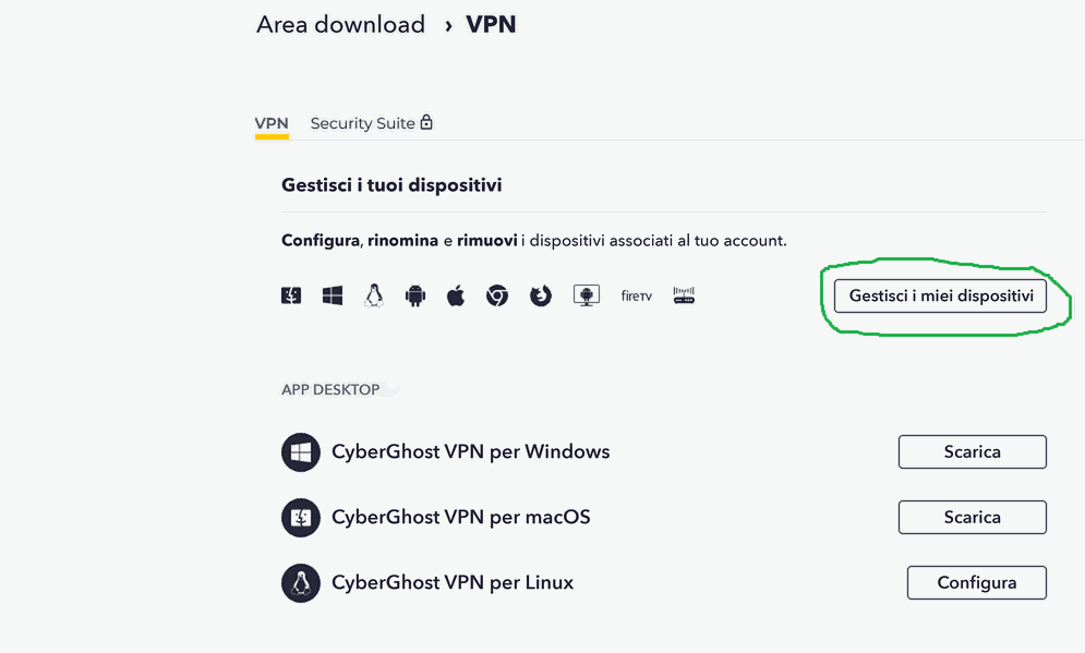 Screenshot dell'area download di CyberGhost VPN con il pulsante Gestisci i miei dispositivi riquadrato in verde