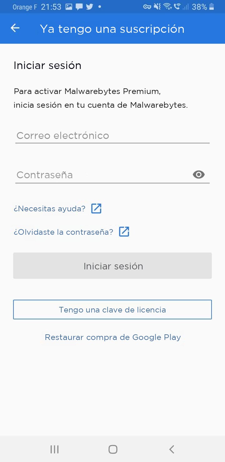 Captura de pantalla de Malwarebytes en Android, inicio de sesión en la cuenta
