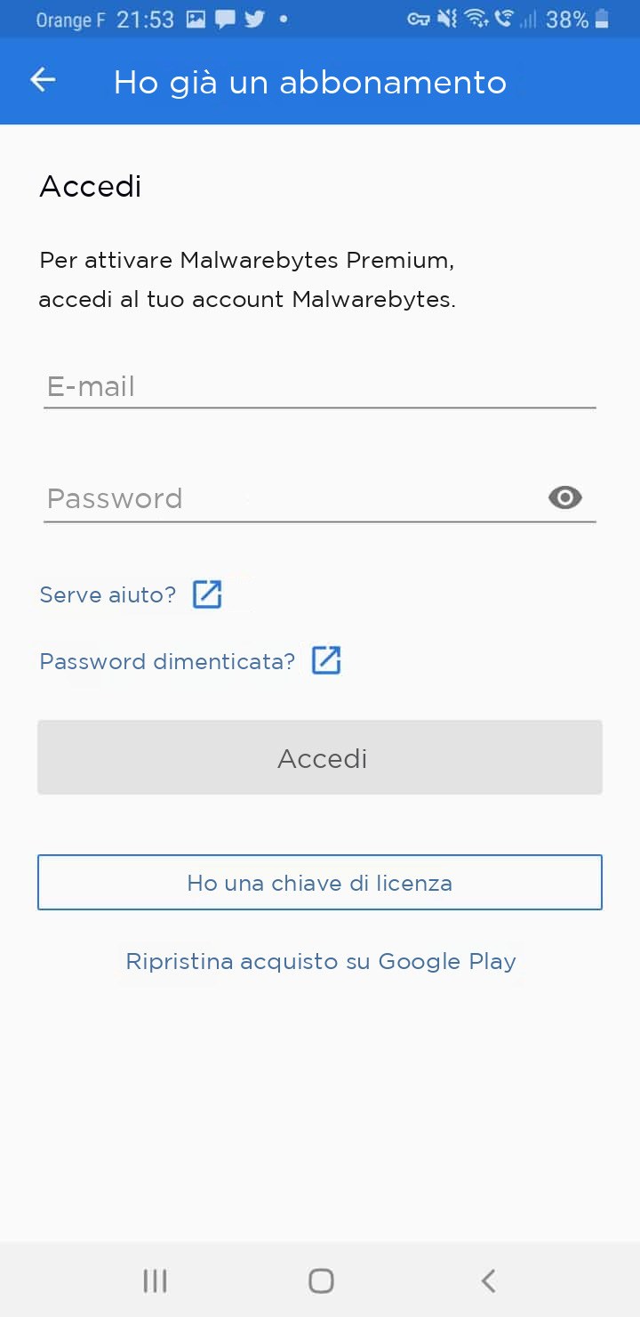 Screenshot di Malwarebytes su Android, accesso all'account