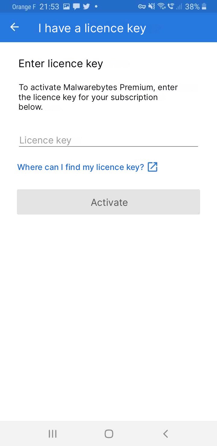 Snímek obrazovky Malwarebytes v Androidu, aktivace licenčního klíče