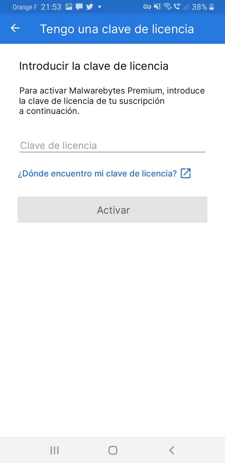 Captura de pantalla de Malwarebytes en Android, activación de la clave de licencia