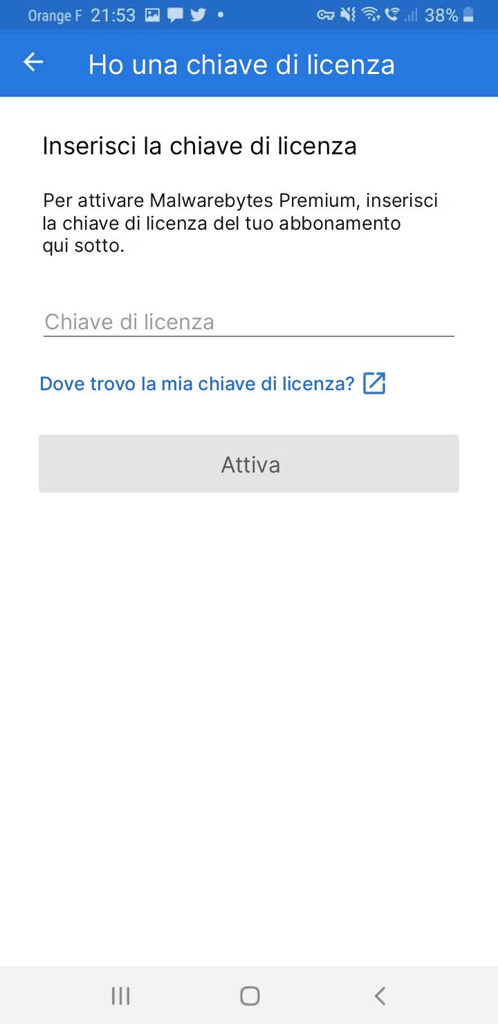 Screenshot di Malwarebytes su Android, attivazione della chiave di licenza